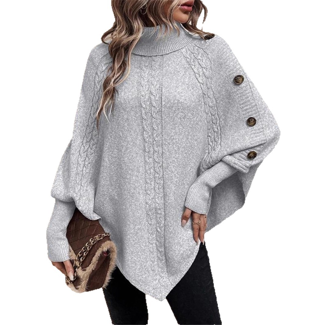 Europa y los Estados Unidos transfronterizos otoño y invierno nuevos suéteres de punto de mujer Amazon moda de cuello alto botón decoración camiseta de murciélagos de manga larga image 6