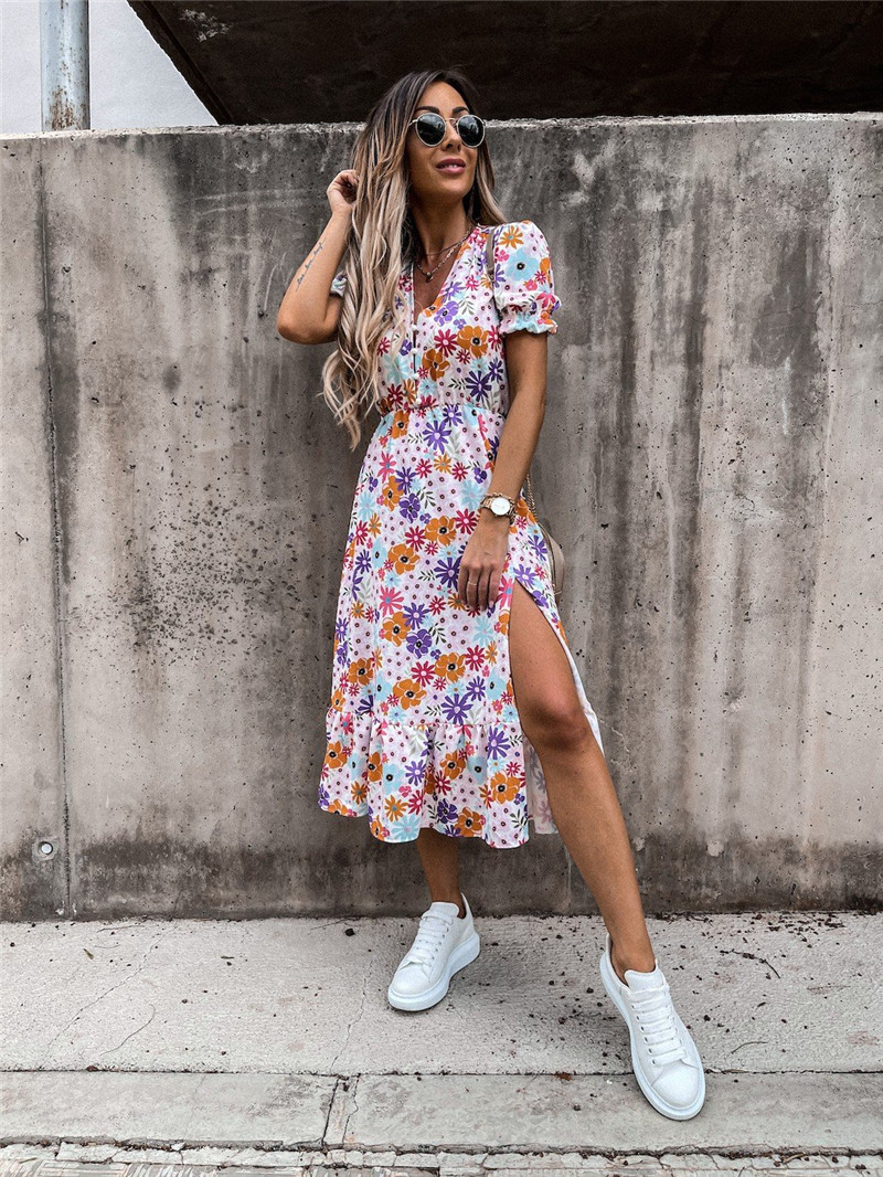 Casual Flower V Neck Short Sleeve Printing Slit Polyester Dresses Maxi Long Dress Regular Dress display picture 3