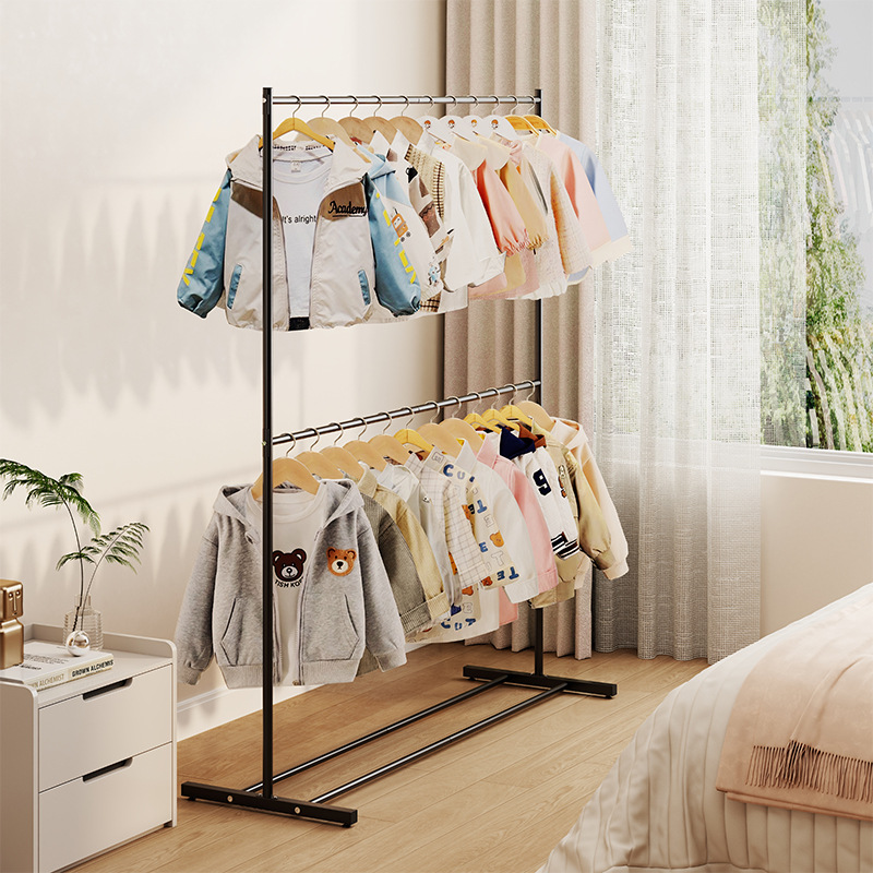 코트 랙 바닥 더블 레이어 옷 옷걸이 침실 가정용 인터넷 축하 발코니 옷 옷걸이 간단한 공간 절약 스토리지 랙
