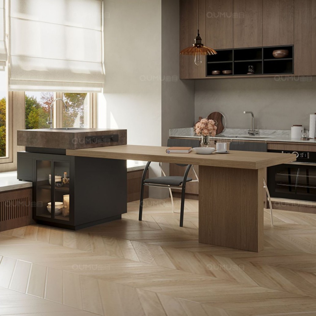 Ventana salediza, isla, mesa de comedor, cocina abierta, sala de estar de estilo de troncos, grano de madera de nogal, plataforma de guía central retráctil, caída