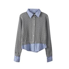 学院风翻领长袖假两件格子衬衫女2025秋季新款设计感麻花拼接毛衣