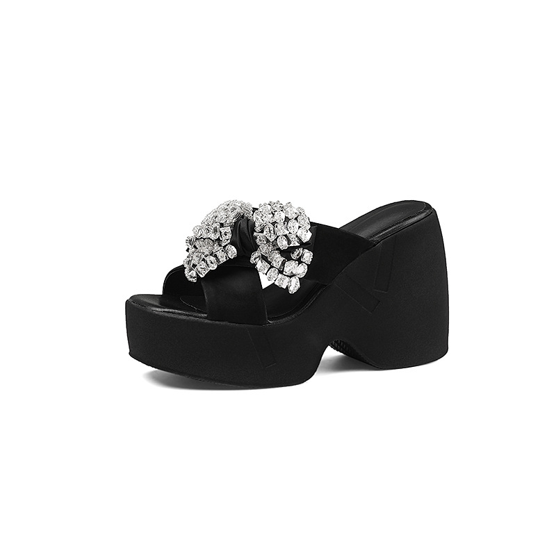 Sandal cao gót nữ đính đá hở mũi quai chéo nơ bướm đế dày — màu đen