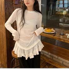 2025春季新款内搭叠穿显瘦打底上衣女韩系芭蕾风花边下摆长袖T恤
