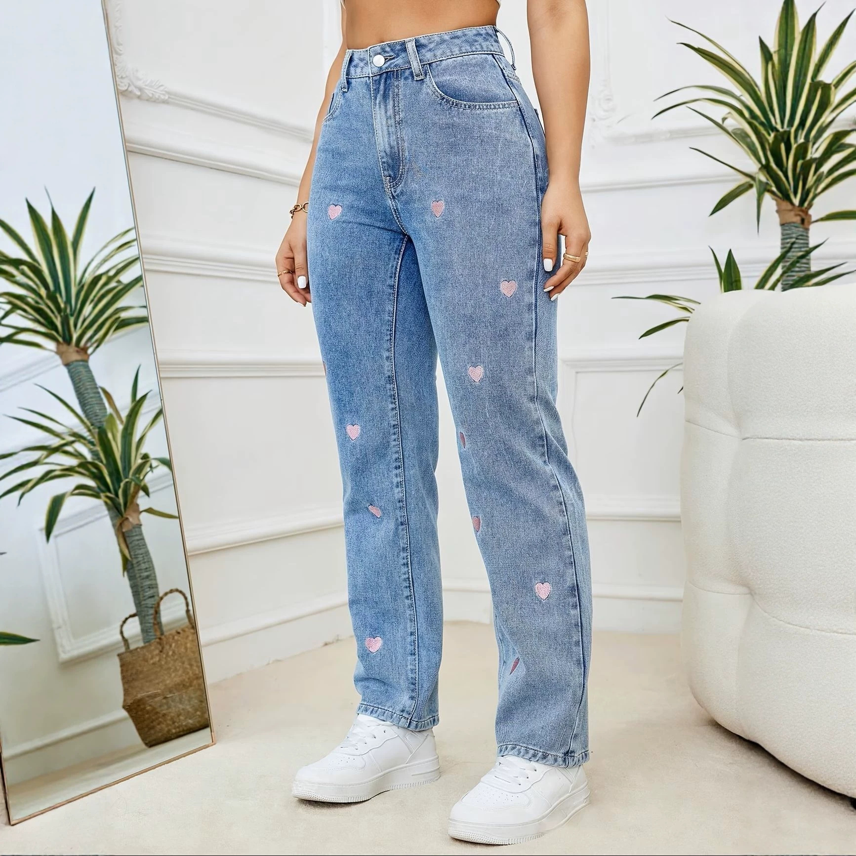 Jeans Rectos para Mujer en Mezclilla de Algodón, Elástico, Cintura Alta, Bordado, para Uso Casual image 4