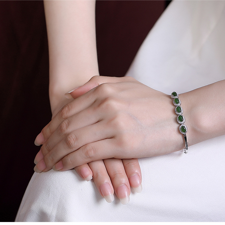 Vòng tay nữ charm ngọc bích Hetian mạ bạc S925 thiết kế cá tính — Kiểu màu bạc chi tiết 4