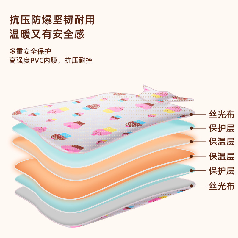 Bolsa de agua caliente, inyección de agua, bolsa de agua caliente, estómago caliente, manta cálida, pies calientes, tela de estampado en caliente, cubierta de tela de felpa, calentador de manos de riego al por mayor