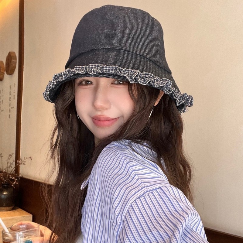 韩版甜美格子花边牛仔渔夫帽子女早秋天百搭优雅盆帽显脸小水桶帽|undefined