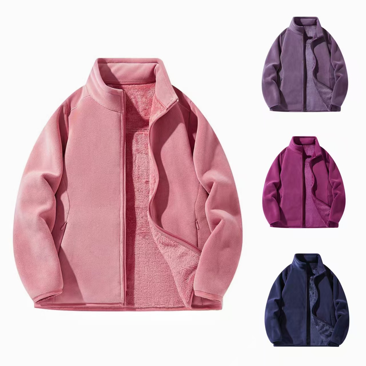 8806 Autumn and Winter Fleece Jacket for Couples, Men and Women, Outdoor Stand-Up Collar, Fleece-Lined Cardigan Jacket, Warm Long-Sleeved Jacket