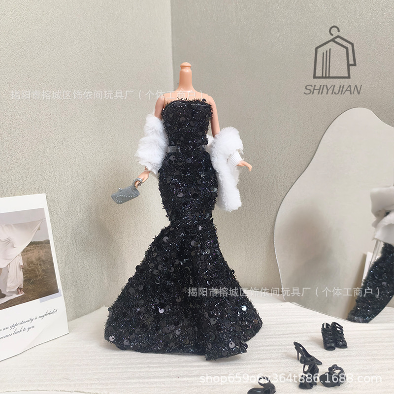 11-Inch 6-Point Barbie Doll Dress Gown Strapless Mermaid Dress with Shawl Sequin Fashion Style