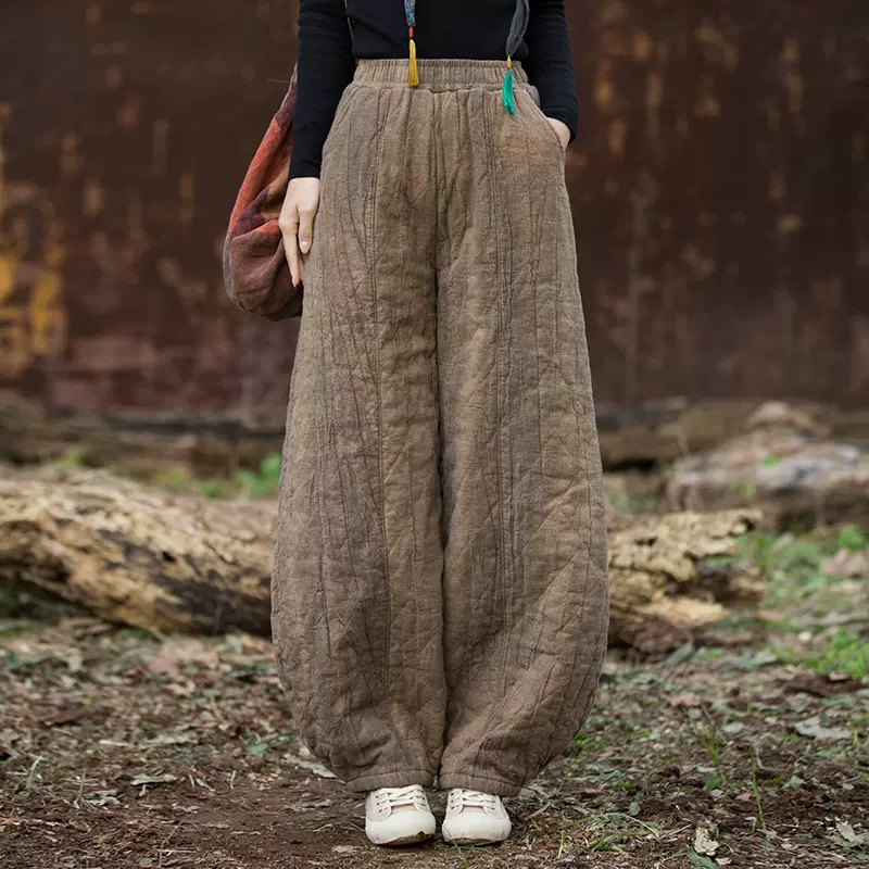 2025冬季新款棉麻女装原创复古夹棉绗缝菱形格加厚保暖灯笼棉裤