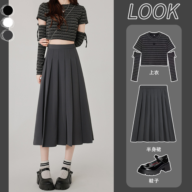Gray Pleated Skirt Women's Long Skirt Autumn and Winter 2025 New High-Waisted Slimming A-Line Skirt for Petite Women Umbrella Skirt Gray Pleated Skirt Women's Long Skirt Autumn and Winter 2025 New High-Waisted Slimming A-Line Skirt for Petite Women Umbrella Skirt