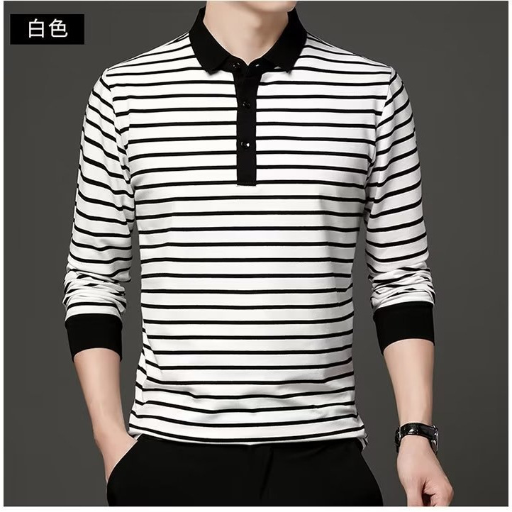 Camisa de polo de otoño de los hombres de moda de rayas de contraste de color de la solapa de manga larga Camiseta de los hombres de estilo coreano slim fit camiseta juvenil ropa de otoño