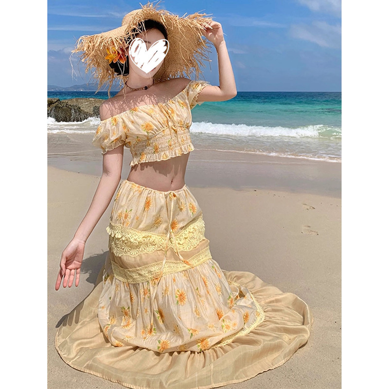 ドーパミンオフショルダーショートワンショルダートップツーピース夏の新しいハイウエストスカート年齢を減らす休暇着用|undefined