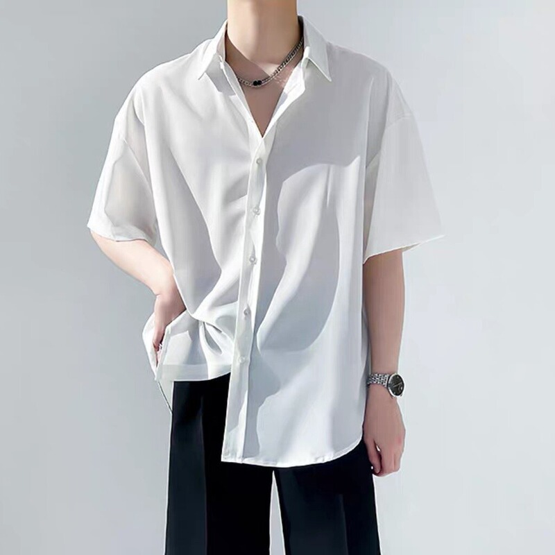 Japanese-Style Minimalist Solid Color Short-Sleeve Ice Silk Shirt for Men, Summer Thin Breathable Drape Quick-Dry Casual Shirt Men's Fashion Japanese-Style Minimalist Solid Color Short-Sleeve Ice Silk Shirt for Men, Summer Thin Breathable Drape Quick-Dry Casual Shirt Men's Fashion