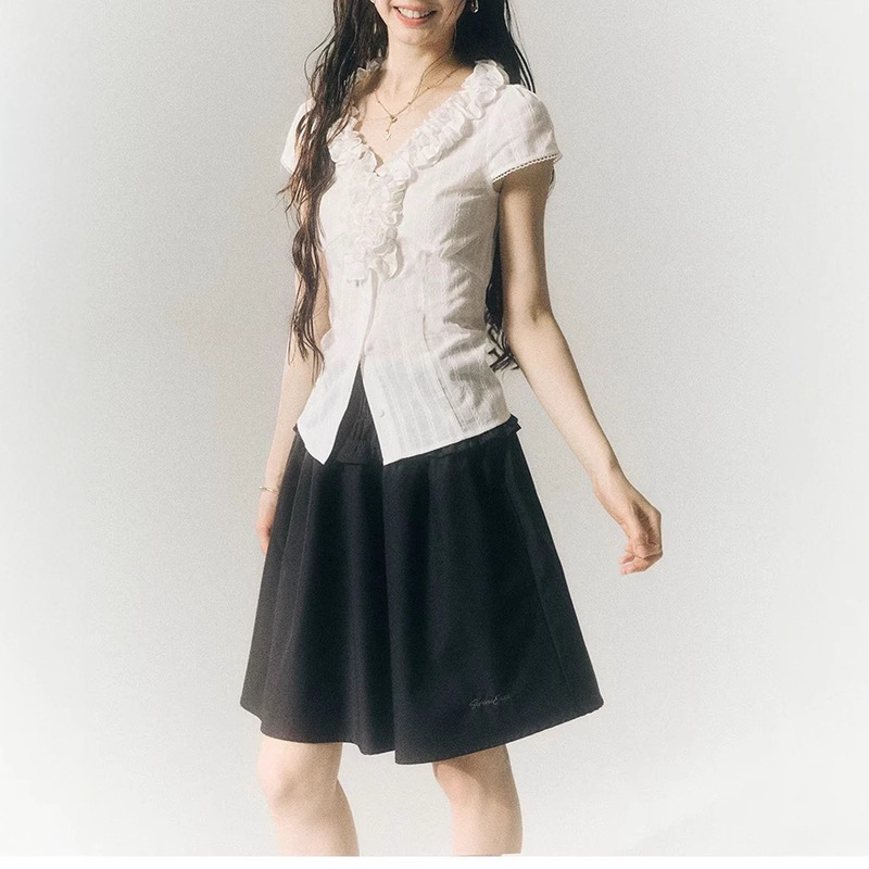 Sereneease French Retro Ruffle Shirt Summer New Lace Waist Slimming Look Short-Sleeved Shirt