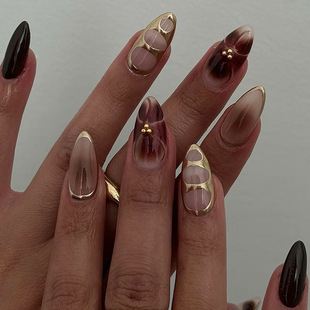 Foreign trade wearing armour pad printing golden steel ball blooming flower nail piece cross-border fake nail wearable patch almond