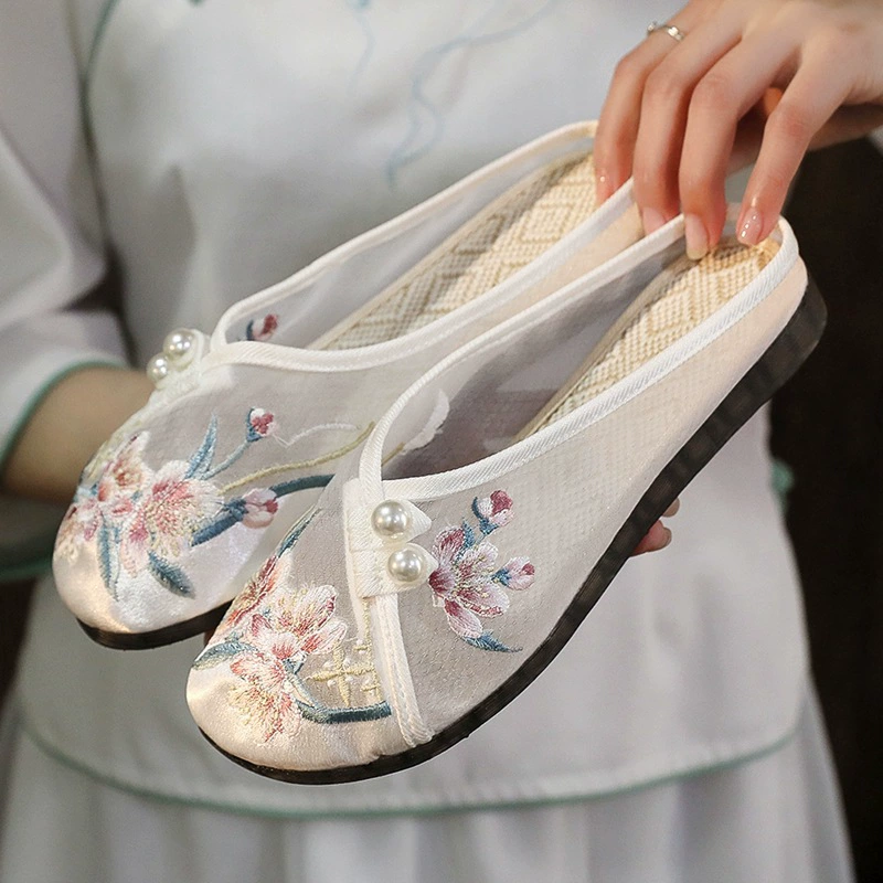Летняя новая обувь Hanfu женская обувь Baotou тапочки старая пекинская обувь из ткани плоская сетка пряжа новая китайская обувь с вышивкой