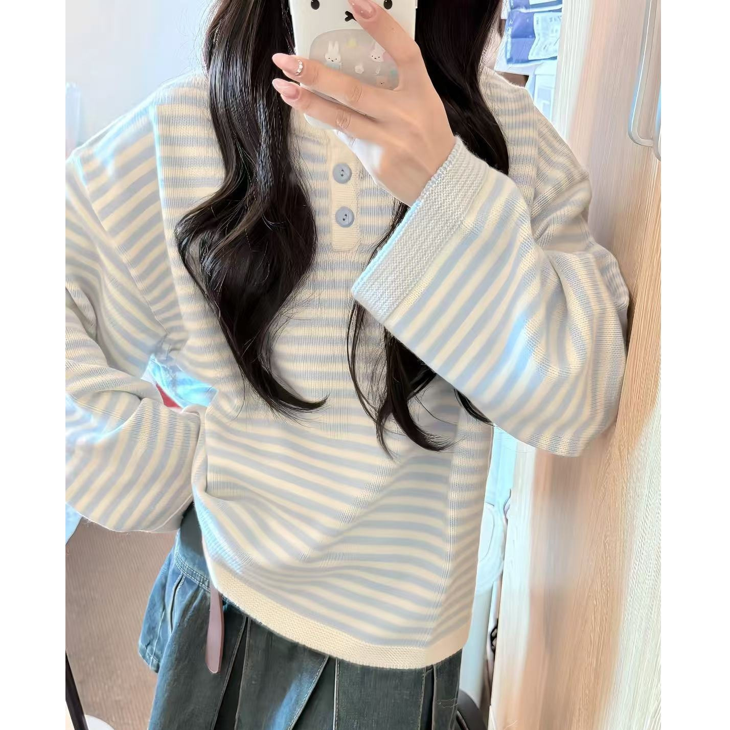 Yoursjins 喜欢的奶蓝条条针织毛衣宽松慵懒高级感条纹毛衣女秋冬