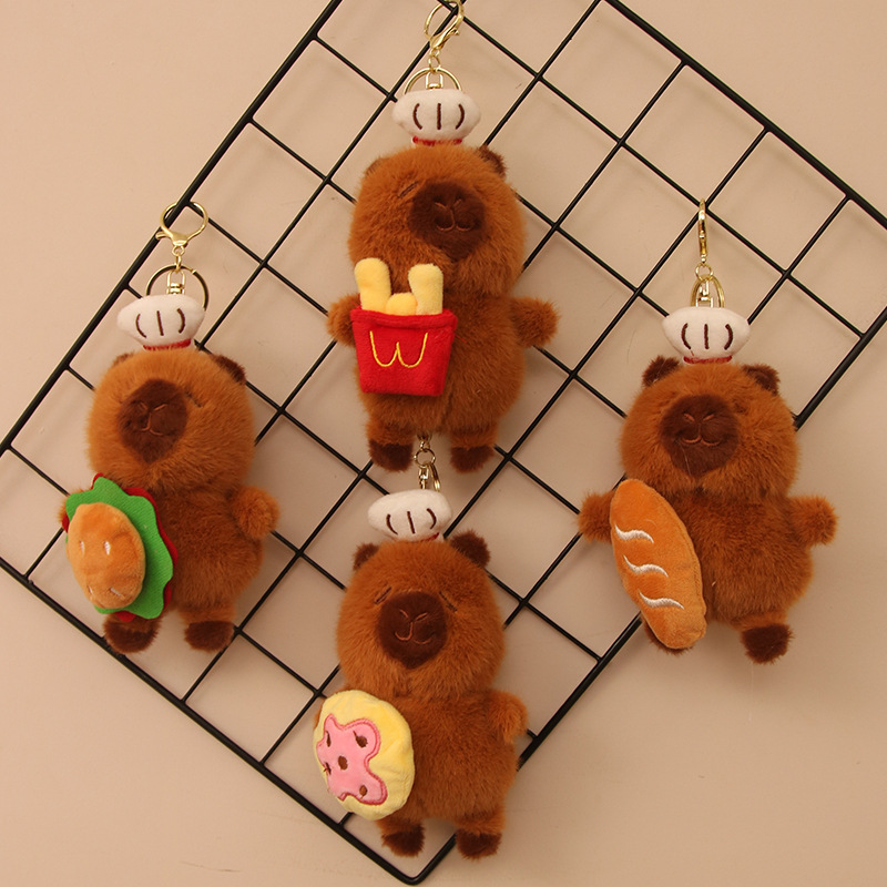 Creativo lindo pan de papas fritas felpa Kapibala colgante hamburguesa carpincho muñeca colgante pequeño llavero