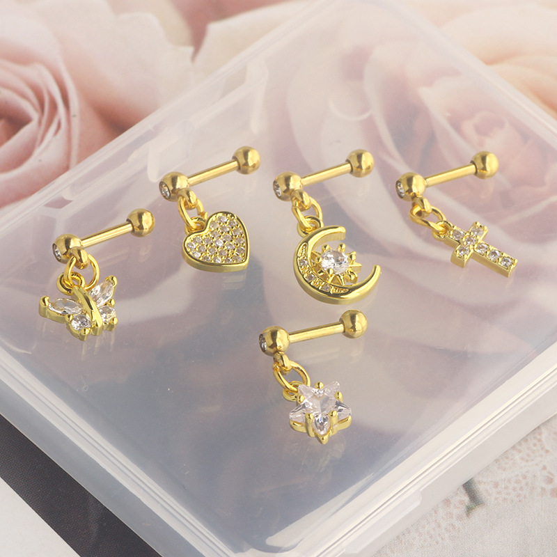 Titanium Steel Micro-Inlaid Zircon Crown Star Ear Nail Screw Ball Earrings - European American Piercing Jewelry detail image 11