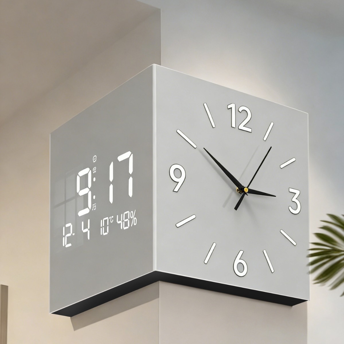 現代のシンプルなリビングルームの両面の角の掛け時計のクリーム風は穴を開けないで家庭用の創意的な時計の壁の明かりの時計は絵を掛けます。