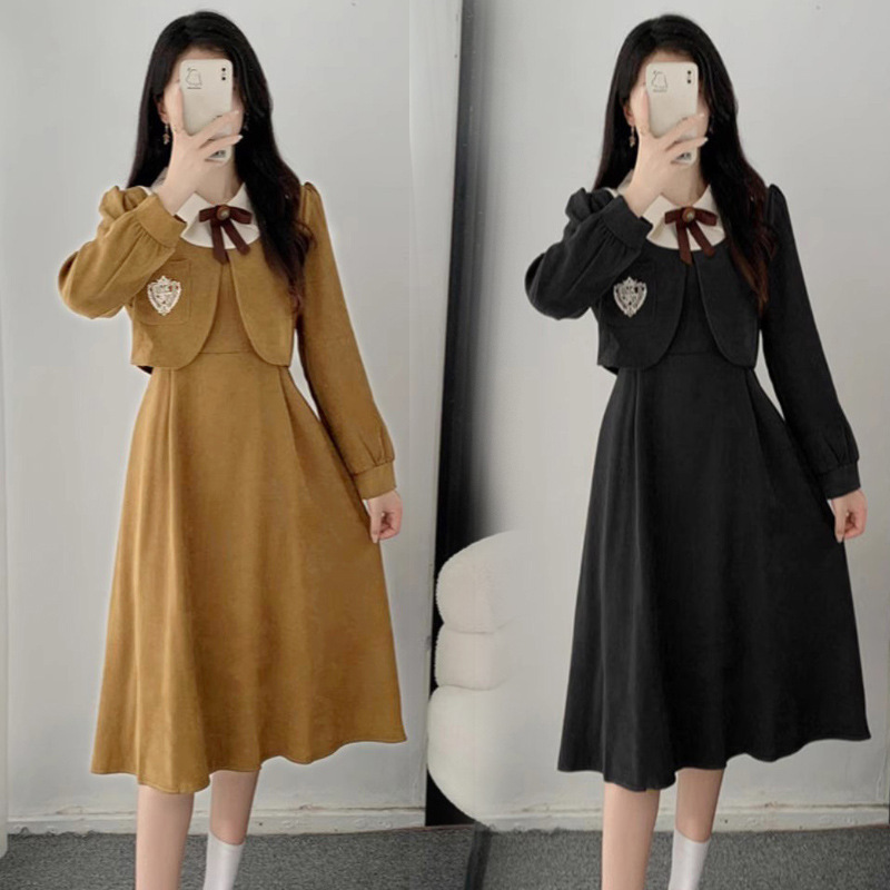 学院風偽二枚のワンピース女性秋の新型フレンチレトロ高級感制服小柄ロングスカート|undefined