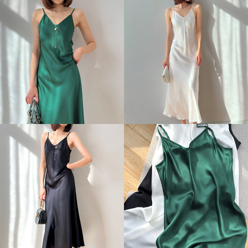 Small Heavy 21 Mm Silk French V-neck Slant Cut Mulberry Silk Satin Sling dress Long Skirt with Waist