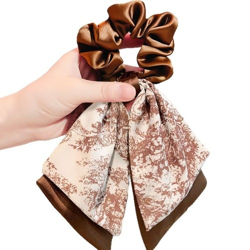 French vintage printed ribbon hair tie with elegant elegance, large intestine hair tie, exquisite ponytail hair ribbon for women