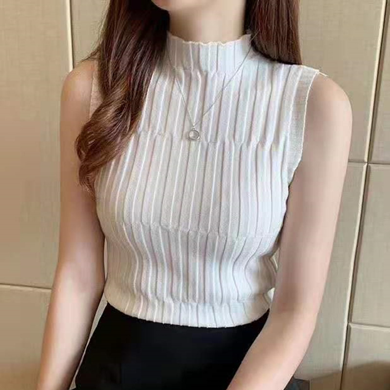 New Retro Half-High Collar Slim-Fit Knit Top for Women, Sleeveless Versatile Base Layer Vest, Soft Texture