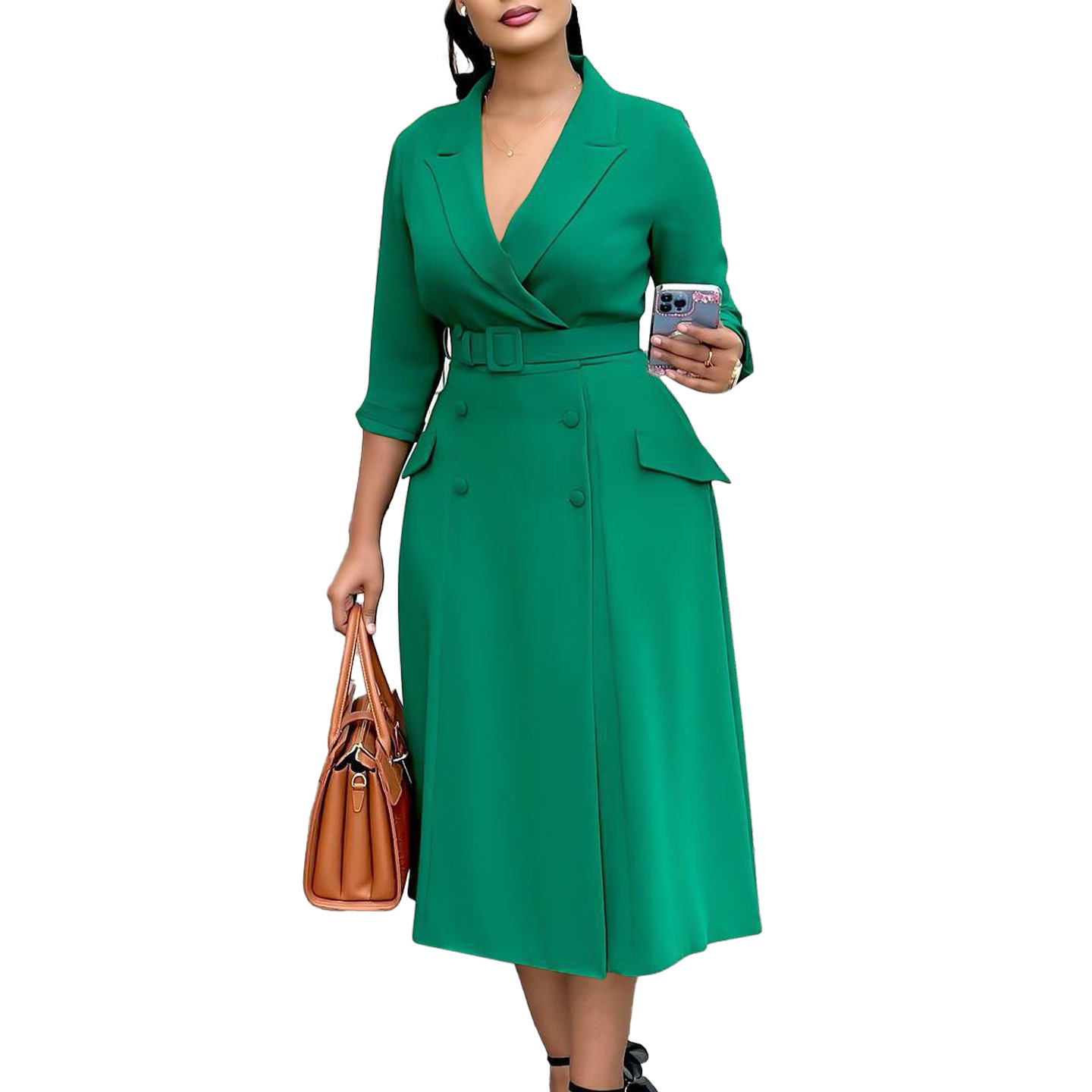 Women's Double Breasted Midi Dress With Suit Collar Elegant_voghion.com