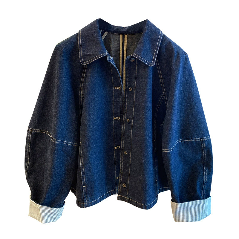 Retro dark blue denim autumn jacket, Korean style, oversize