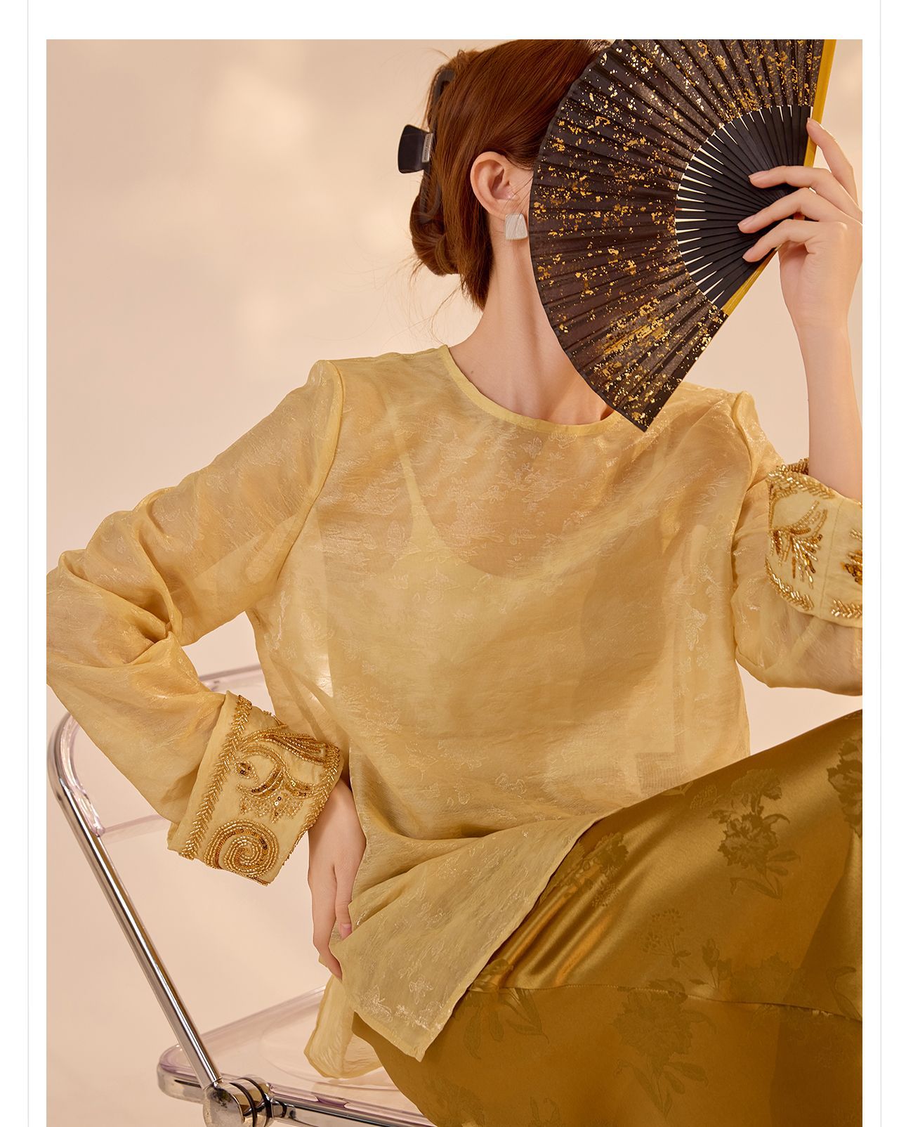 Áo sơ mi nữ dài tay phong cách Trung Hoa mới, đính cườm thêu tay, chất liệu rayon mỏng nhẹ N2071 — Màu hồng, Màu trắng be, Màu vàng nhạt chi tiết 27