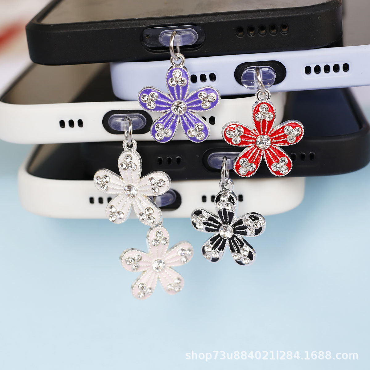 彩色镶钻花朵创意手机防尘塞挂件 耳机孔充电口通用防尘帽 装饰