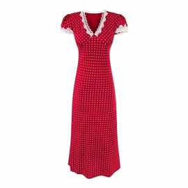 欧美风亚马逊跨境跨境中长款连衣裙红色波点夏季领女装拼接