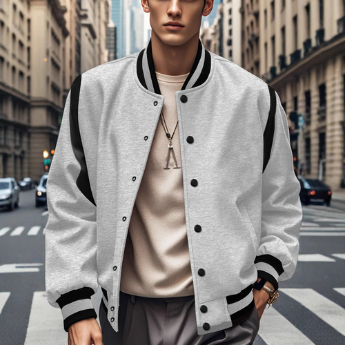 2025 TEMU Casual Fashionable European & American Trendy Brushed Fabric Cardigan with Patchwork and Tie-Back Design, Inspired by Baseball Style