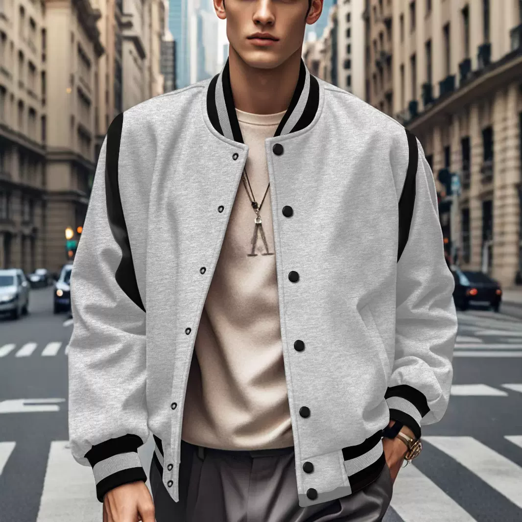 2025年亚马逊TEMU爆款休闲时尚欧美潮流拉毛布开衫拼接系扣棒球服