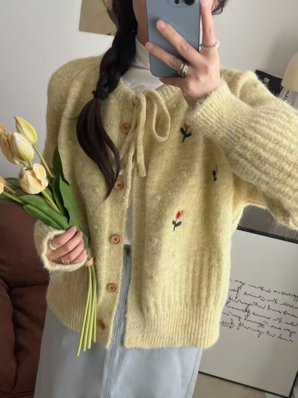 温柔风软fufu甜美绣花毛衣外套女秋冬2025新款韩系针织开衫上衣服|undefined