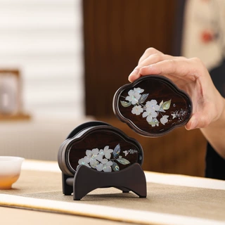 黑檀木祥云螺钿茶杯垫隔热中式复古实木家用茶杯托茶杯垫茶具配件