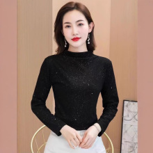 德绒半高领打底衫女冬季亮闪闪保暖新款加厚长袖T恤上衣修身显瘦