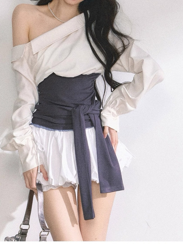 【韩模顶配】 法式斜肩辣妹T恤女夏收腰显瘦设计感通勤衬衫上衣|undefined