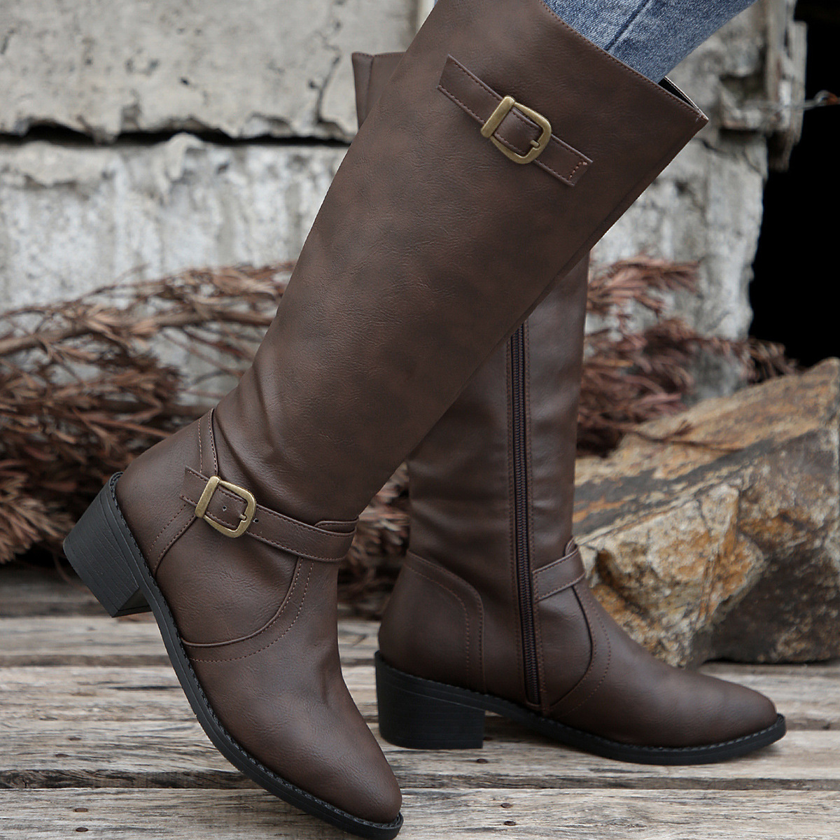 Women's boots Square heel high knight boots belt buckle Solid color boots for women_voghion.com