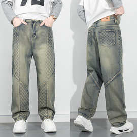 跨境新款机车拼接牛仔裤男阔腿裤欧美时尚青年痞帅宽松直筒裤复古