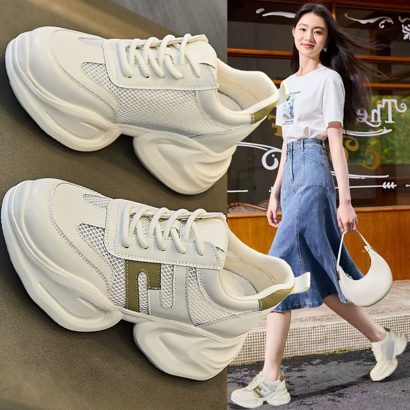 Кожаная полая сетчатая обувь для папы с толстой подошвой летом новая модель 8CM удобная повседневная дышащая женская обувь для бега