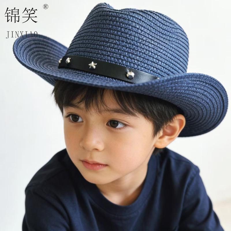Children's Cowboy Straw Hat, Boys' Large-Brimmed Sun Protection Hat, Outdoor Sunshade Western-Style Baby Hat, Wholesale from Manufacturer