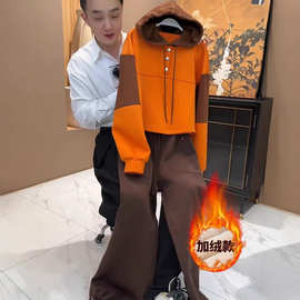 港风复古休闲运动套装女秋新款炸街连帽加绒卫衣阔腿裤两件套