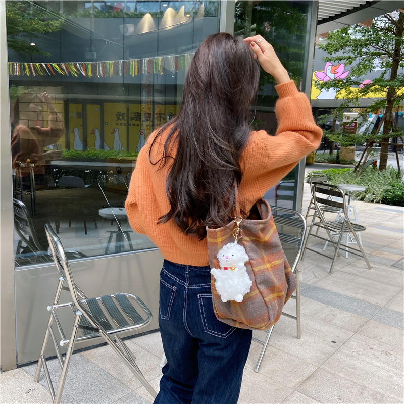 0981 Simple ins checkered woolen single-shoulder bag, hand-held cloth bag, student large-capacity shopping bag, laid-back style women's bag undefined