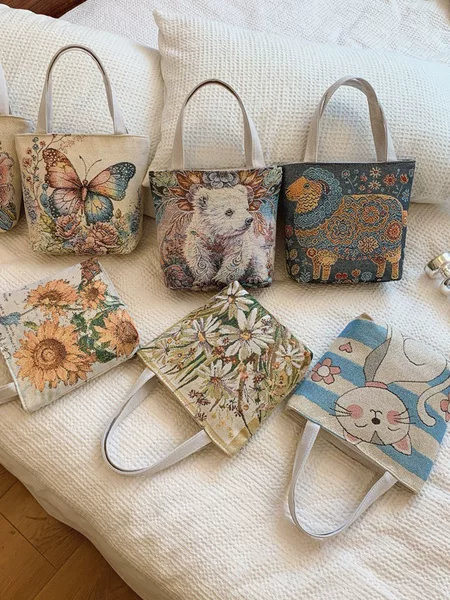 2024 Double-sided Embroidered Gold Silk Handbag Women's Bag Jacquard Handbag Ethnic Style Shoulder Bag Work Casual Zipper