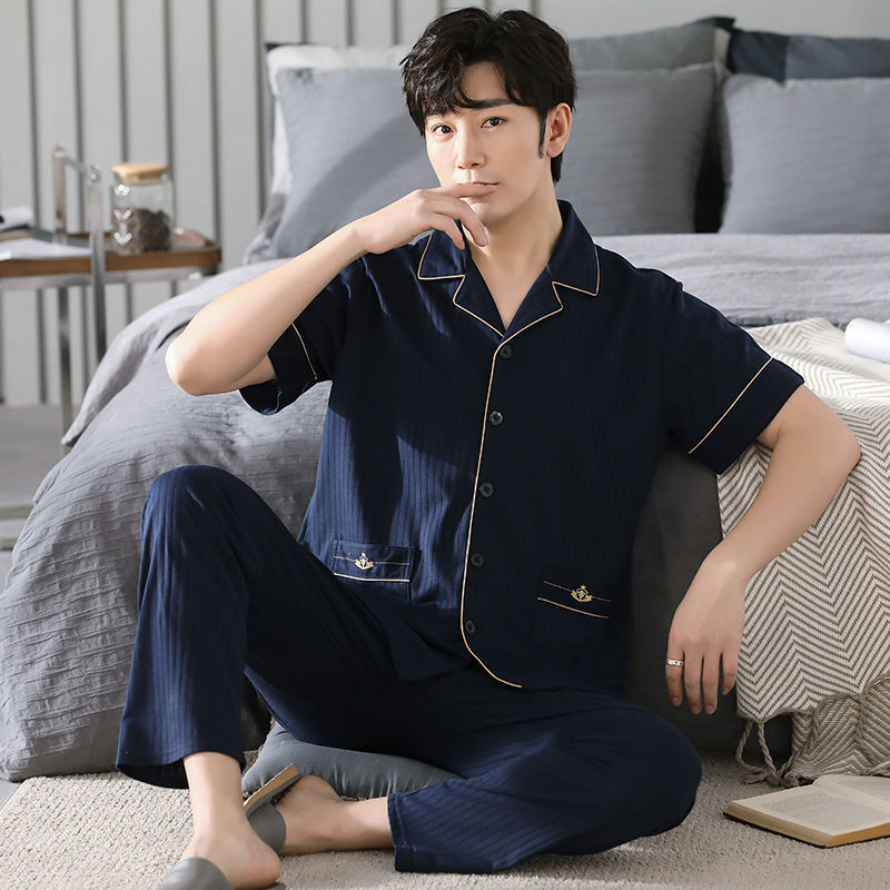 Pijamas de algodón de verano para hombres pantalones de manga corta cardigan delgado más tamaño mediano y joven traje homewear