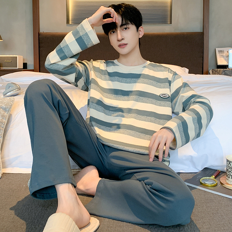 High-End Pure Cotton Pajamas for Men, Spring & Fall Pullover Long-Sleeved Pants, Teenagers Simple Casual Home Wear Set