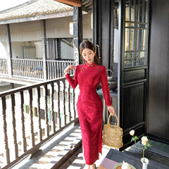 红色旗袍中式敬酒服2025新款秋季蕾丝订婚礼服大气上档次长袖蕾丝